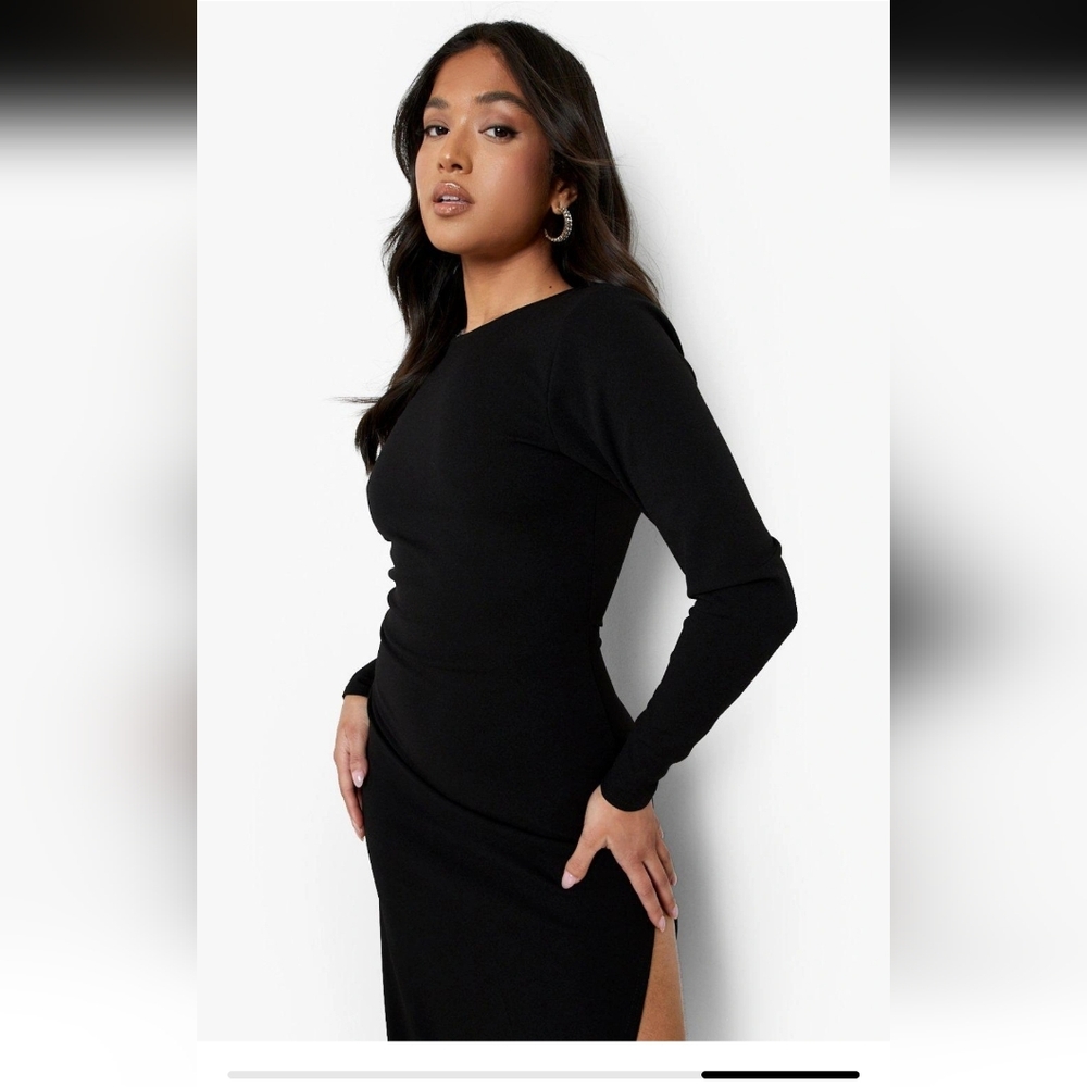 Boohoo Elegant Black Square Plunge Back Maxi Dress With Thigh Slit - Picture 3 of 11